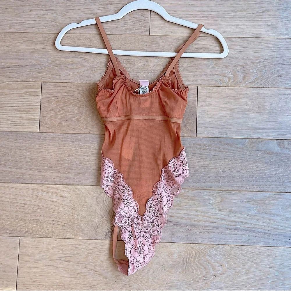 We are Hah Lace Lingerie Bodysuit Orange Pink Small NWT